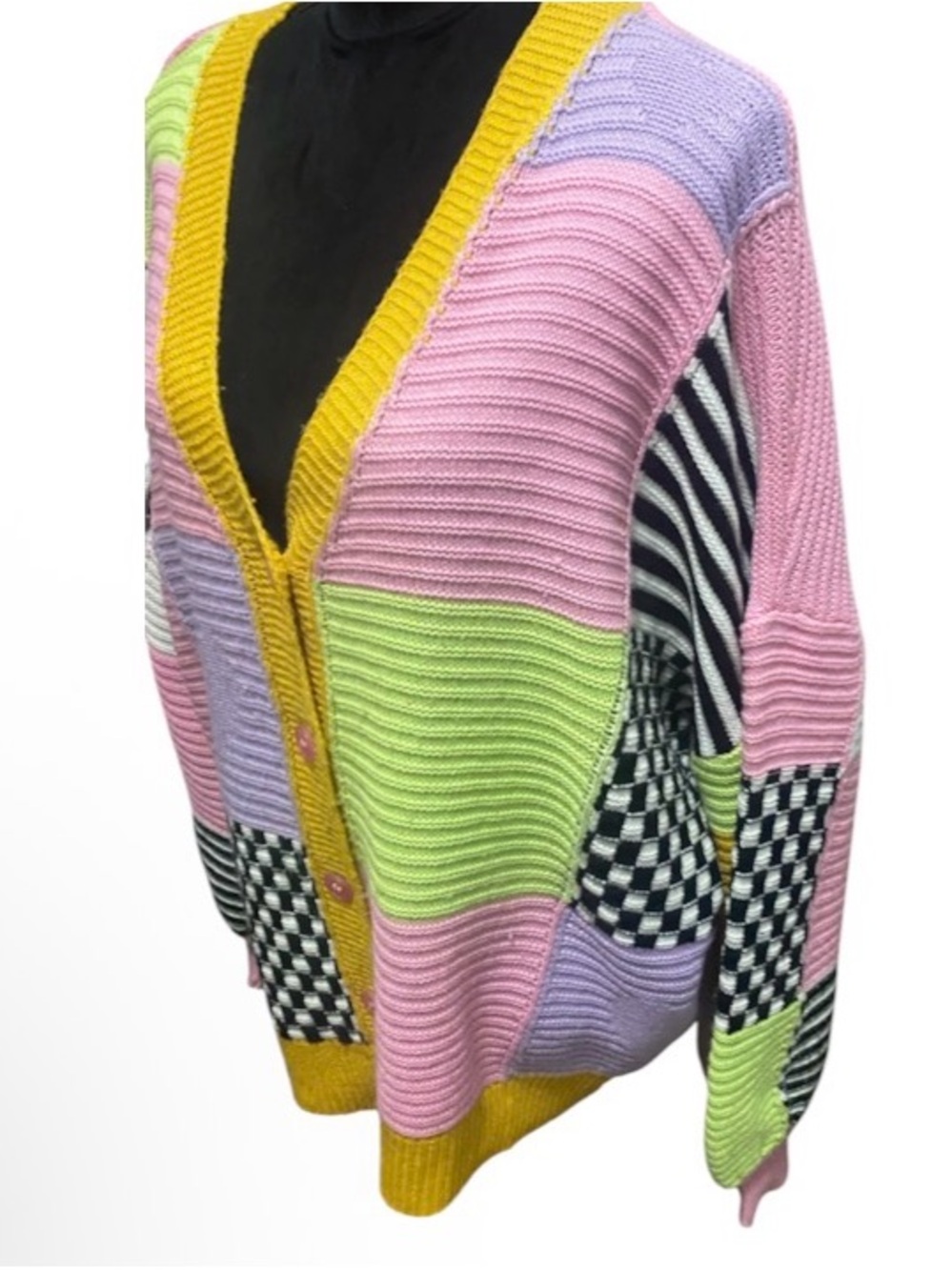 Colorblock Patchwork V-Neck Cardigan - Picture 3 of 5